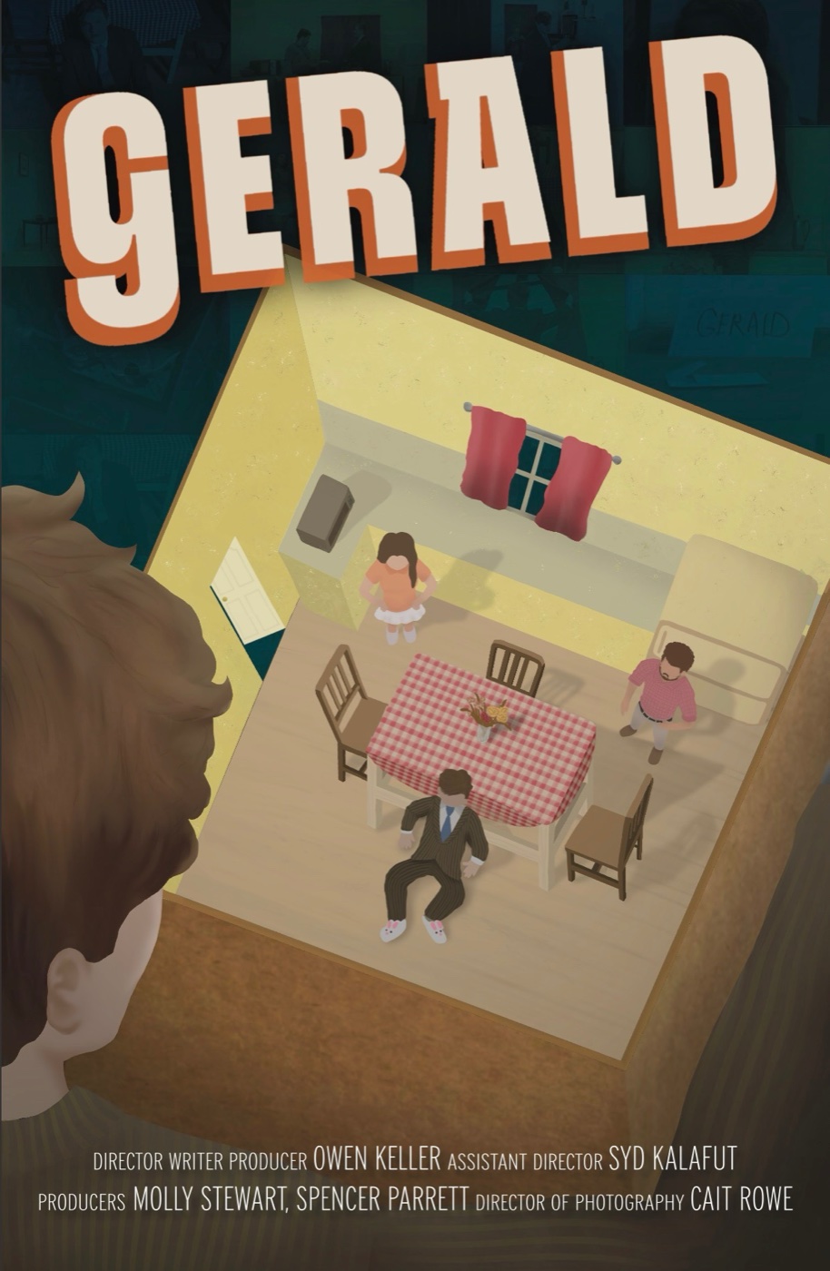 Poster for Gerald: an overhead view of a small kitchen set with a family around a checkered table, and a large head peering in from the left